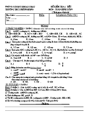Đề kiểm tra 1 tiết môn Toán hình lớp 9 - Trường THCS Phùng Hưng